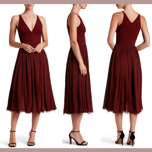 NEW $198 Dress the Population [ Medium‎ ] Alicia Flare Midi Dress Burgundy - Picture 1 of 15